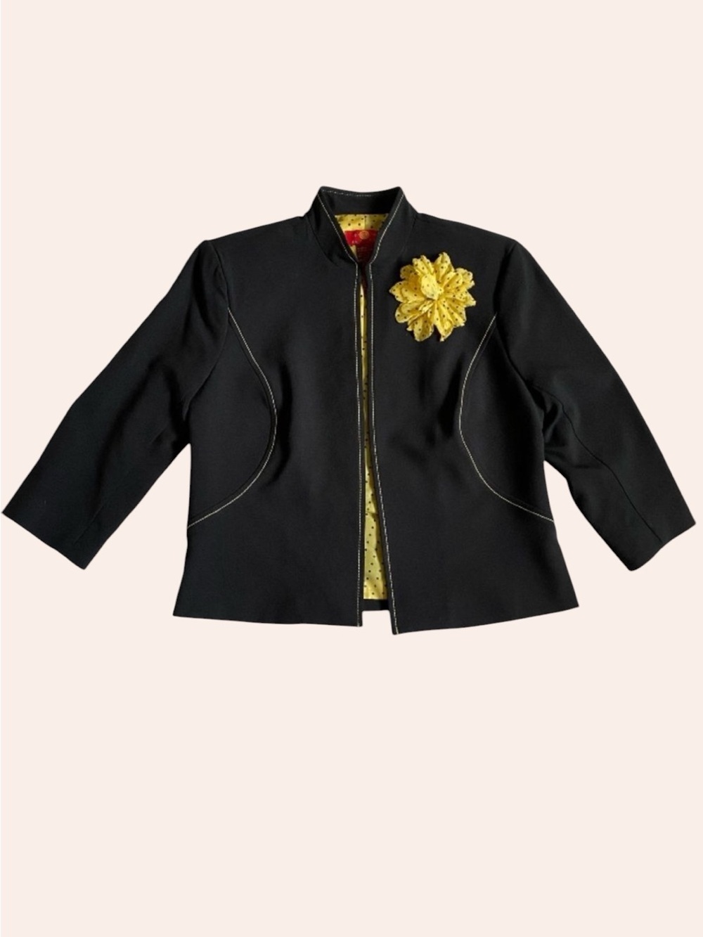 Vintage Sangria Floral Pin Black Blazer 4P Polka Dot Lining 3D Artsy Art-to-Wear
